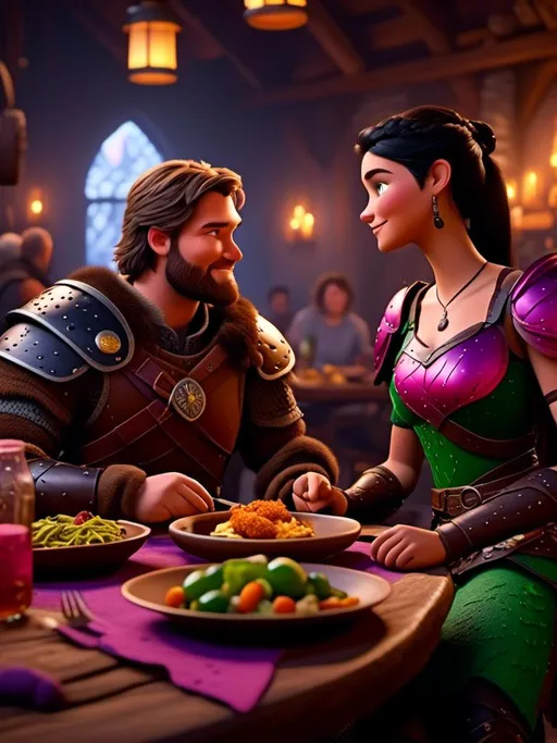 Prompt: <mymodel>CGI Animation, digital art, 20-year-old-old viking woman of royalty standing a busy tavern having a meal with her husband Jarl with green and brown armor, {{the woman has pink gear, purple armor}}, black hair, straight hair with a tiara, subtle smile, unreal engine 8k octane, 3d lighting, close up camera shot on the face, full armor