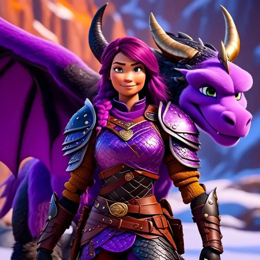 Prompt: <mymodel>Female viking warrior, thin and light muscle build, purple hair with a single braid down her shoulder, there is a medium-sized black dragon next to her, the female viking is petting her black dragon, light blue eyes, gold armor, purple gear, black pants, purple boots, historical, strong and natural lighting