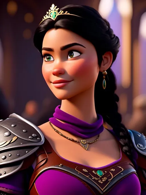 Prompt: <mymodel>CGI Animation, digital art, 20-year-old-old viking woman of royalty standing in The Great Hall on the Isle of Berk, light blue eyes, {{black gear, purple armor}}, black hair, single braid down her shoulder with a tiara, subtle smile, unreal engine 8k octane, 3d lighting, close up camera shot on the face, full armor