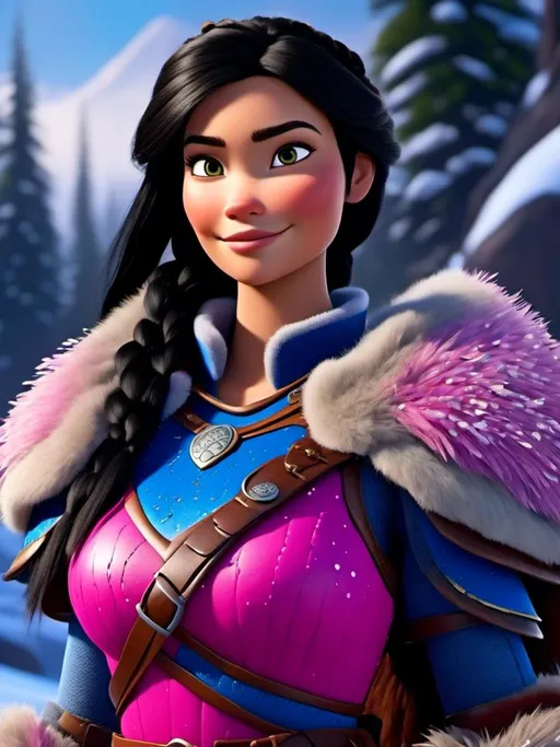 Prompt: <mymodel>CGI Animation, close-up portrait of the face, 20-year-old-old viking woman of royalty standing in the forest, a snowy scene, {{pink gear, blue armor}}, black hair, straight hair with a tiara, subtle smile, unreal engine 8k octane, 3d lighting, close up camera shot on the face, full armor