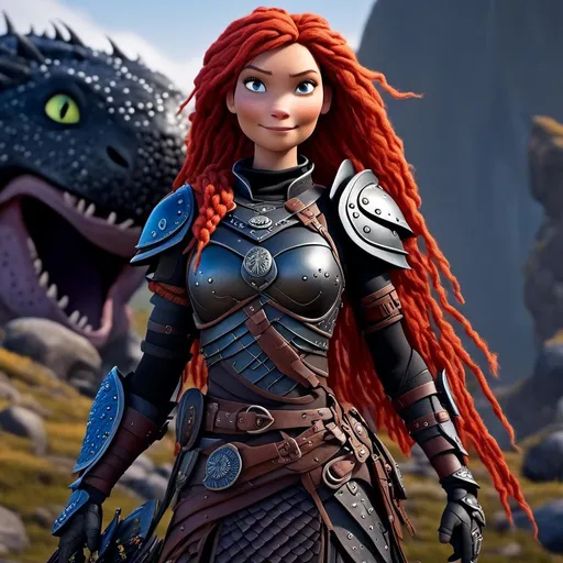 Prompt: <mymodel>CGI Animation of a viking middle-aged woman, red hair with braids and dreadlocks, blue eyes, all black gear and armor, leather highlights and textures, dragon scale textures and armor, intricate details, high quality, digital painting, cool tones, dramatic lighting