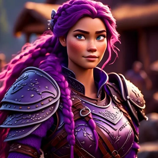 Prompt: <mymodel>a female viking warrior with purple hair, light blue eyes, single braid down shoulder, standing in a viking village, adorned in regal purple armor, fierce and determined expression, fully body, cool tones, dramatic lighting, intricate detailing