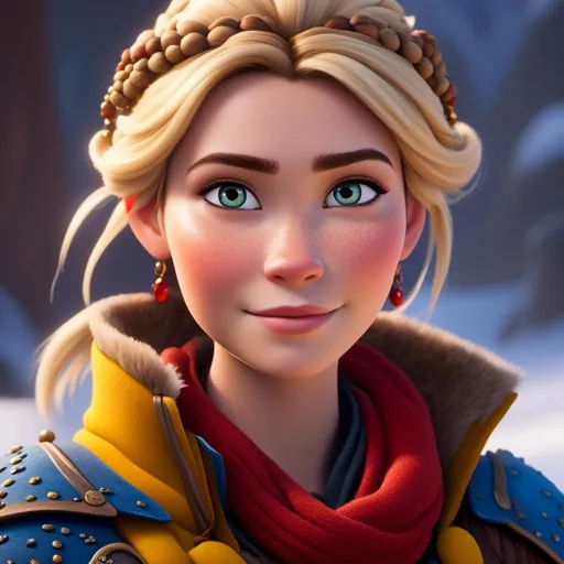 Prompt: <mymodel>CGI Animation, close-up portrait of the face, 20-year-old-old pirate woman sitting on a snow bank, a snowy scene, {{yellow gear, blue armor}}, blonde hair, an updo style of hair with a faded buzz cut on the side of the head, subtle smile, beads hair, small red earrings, multiple braids, yellow gear, straight hair, green eyes, bracelets, rings on fingers, mercenary gear, unreal engine 8k octane, 3d lighting, close up camera shot on the face, full armor