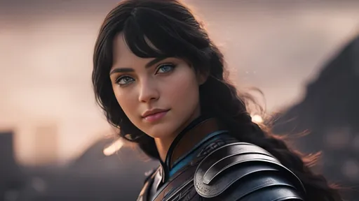 Prompt: she has black hair, create most beautiful fictional female viking warrior, subtle hopeful smile, black hair, light blue eyes, extremely detailed environment, detailed background, intricate, detailed skin, professionally color graded, photorealism, 8k, moody lighting