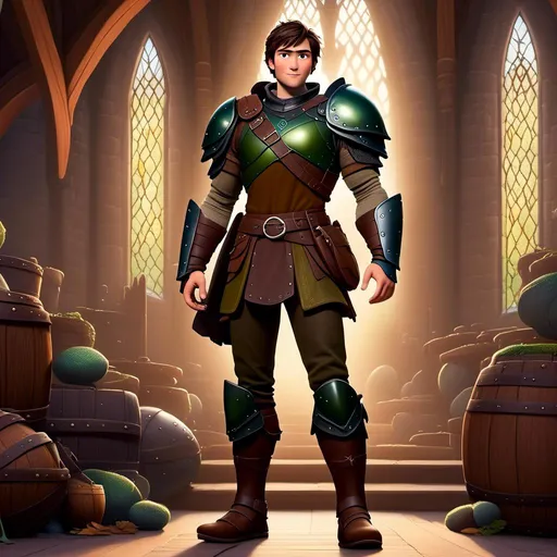 Prompt: <mymodel> viking man, lawyer, thin, small stature, standing in The Great Hall, medium length brown hair, brown eyes, no armor, European-like brown gear, brown leather vest, long sleeve green shirt underneath the brown leather vest, black highlights on his clothes, brown pants, brown boots, historical, strong and natural lighting