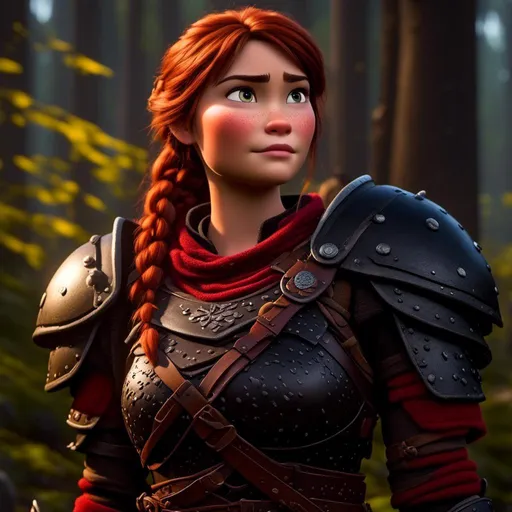 Prompt: <mymodel>25-year-old viking woman, arms crossed, standing in the dimly lit forest with red-leaved weeds, messy and dirty hair, single braid of hair down her shoulder, she has a mad expression, light blue eyes, dirty armor, black gear, bright black armor, black textures and highlights, with glowing lights, short focus, blurry background, unreal engine 8k octane, 3d lighting, full body, full armor