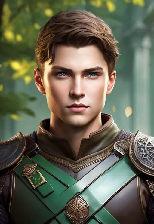 Prompt: he has short brown hair, create most handsome fit fictional male prince viking warrior, short brown hair, light green eyes, extremely detailed environment, detailed background, intricate, detailed skin, professionally color graded, photorealism, 16k, moody lighting