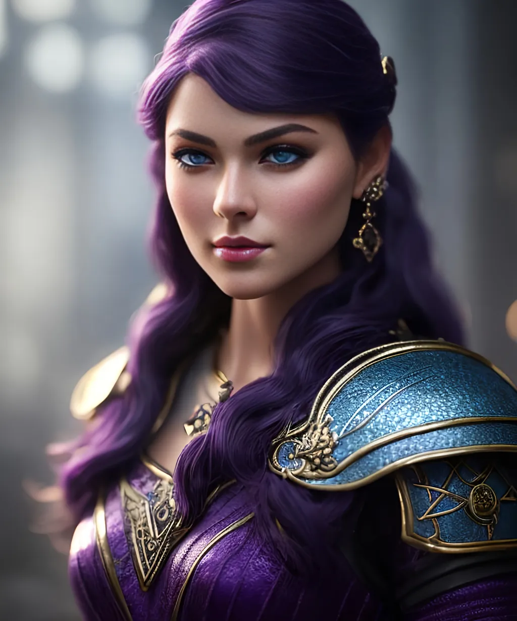 Prompt: she has dark purple hair, create most beautiful fictional female viking princess warrior, dark purple hair, light blue eyes, extremely detailed environment, detailed background, intricate, detailed skin, professionally color graded, photorealism, 8k, moody lighting