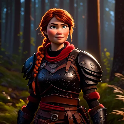 Prompt: <mymodel>25-year-old viking woman, arms crossed, standing in the dimly lit forest with red-leaved weeds, messy and dirty hair, single braid of hair down her shoulder, she has a mad expression, light blue eyes, dirty armor, black gear, bright black armor, black textures and highlights, with glowing lights, short focus, blurry background, unreal engine 8k octane, 3d lighting, full body, full armor