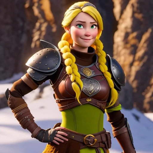 Prompt: <mymodel>CGi Animation, 20-year-old viking woman with one hair braid, subtle smile, blonde hair, blue eyes, green gear, green armor, yellow clothes, yellow textures and highlights, unreal engine 8k octane, 3d lighting, full body, full armor