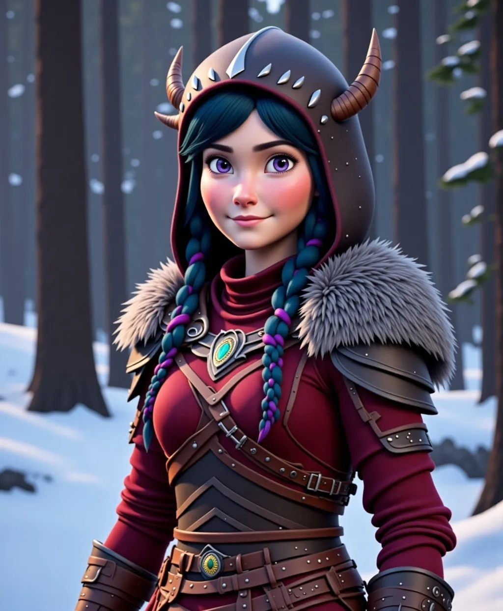 Prompt: <mymodel>CGI Animation, digital art, 20-year-old-old viking woman with violet eyes, Dark red Long sleeve shirt, skirt with dragon teeth on it, wears the snow wraith hood, ((dark dark blue hair with teal, pink and purple streaks)), standing snowy forest, subtle smile, unreal engine 8k octane, 3d lighting, close up camera shot on the face, full armor