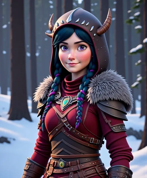 Prompt: <mymodel>CGI Animation, digital art, 20-year-old-old viking woman with violet eyes, Dark red Long sleeve shirt, skirt with dragon teeth on it, wears the snow wraith hood, ((dark dark blue hair with teal, pink and purple streaks)), standing snowy forest, subtle smile, unreal engine 8k octane, 3d lighting, close up camera shot on the face, full armor