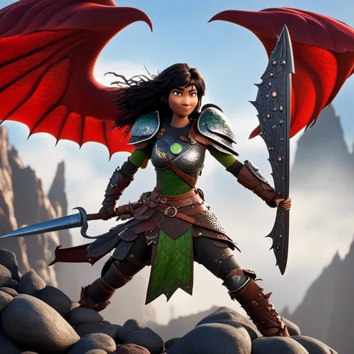 Prompt: <mymodel>Animated CGI style of a fierce Caucasian white Viking female about 25 years old, black hair, detailed facial features, leather armor {{((red))}} and green armor, battle axe and shield, intense and determined expression, dynamic and powerful pose, high definition, CGI, detailed armor, fierce female, Nordic designs, battle-ready, dynamic pose, professional lighting