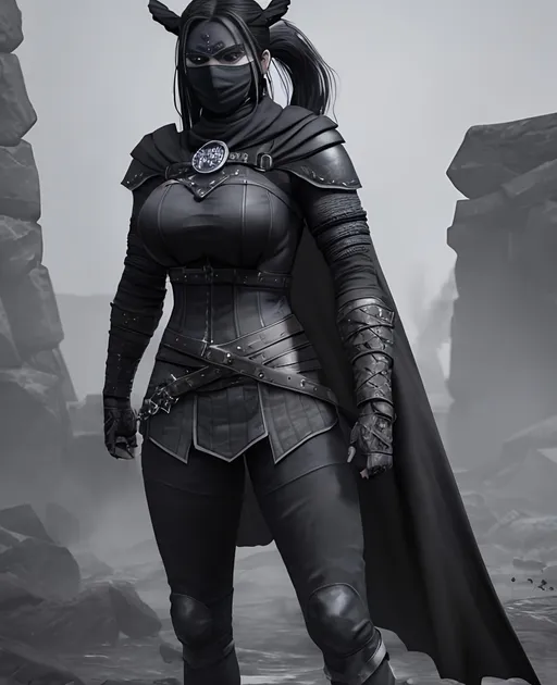 Prompt: Digital Art, a sinister viking woman fully in-cased in black armor, somewhat stocky build, black mask with ponytail coming from helmet, black cape, black bracers, black pants, black boots, unreal engine 8k octane, 3d lightning