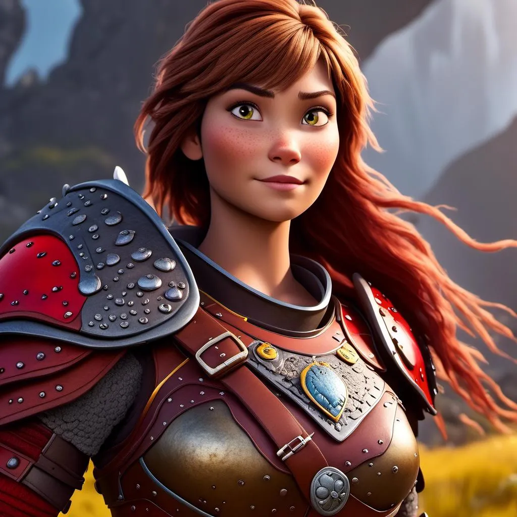 Prompt: <mymodel>CGI Animation of a viking female, brown hair, hazel eyes, bright red gear and armor, yellow highlights and textures, intricate details, high quality, digital painting, cool tones, dramatic lighting