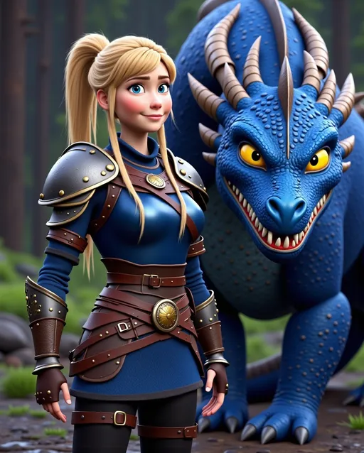 Prompt: CGi Animation, 20-year-old viking woman with blue eyes, a rainy scene, she is standing next to a bright blue dragon with gold highlights, they are both in the rain, the viking woman has a subtle smile, blonde hair in a ponytail style, she has blue gear, gold armor, black pants, black boots