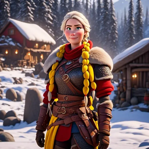 Prompt: <mymodel>CGi Animation, 20-year-old viking woman with one hair braid, she is standing in a snowy viking village, subtle smile, white hair, blue eyes, blue gear, yellow armor, red clothes, yellow textures and highlights, unreal engine 8k octane, 3d lighting, full body, full armor