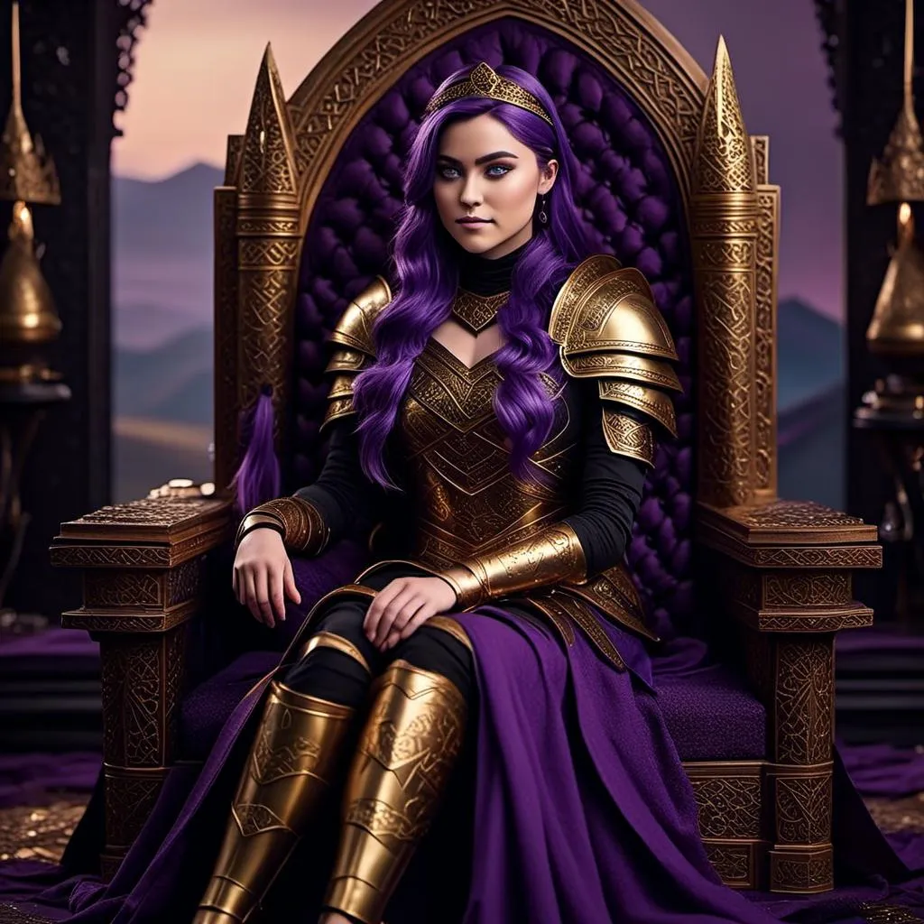 Prompt: A photo of <mymodel> sitting on her throne of her land