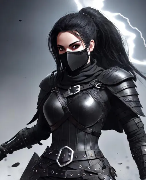 Prompt: Digital Art, a sinister viking woman, black armor, black gear, black mask  fully covering face, with black ponytail coming from mask, black cape, black bracers, black pants, black boots, unreal engine 8k octane, 3d lightning