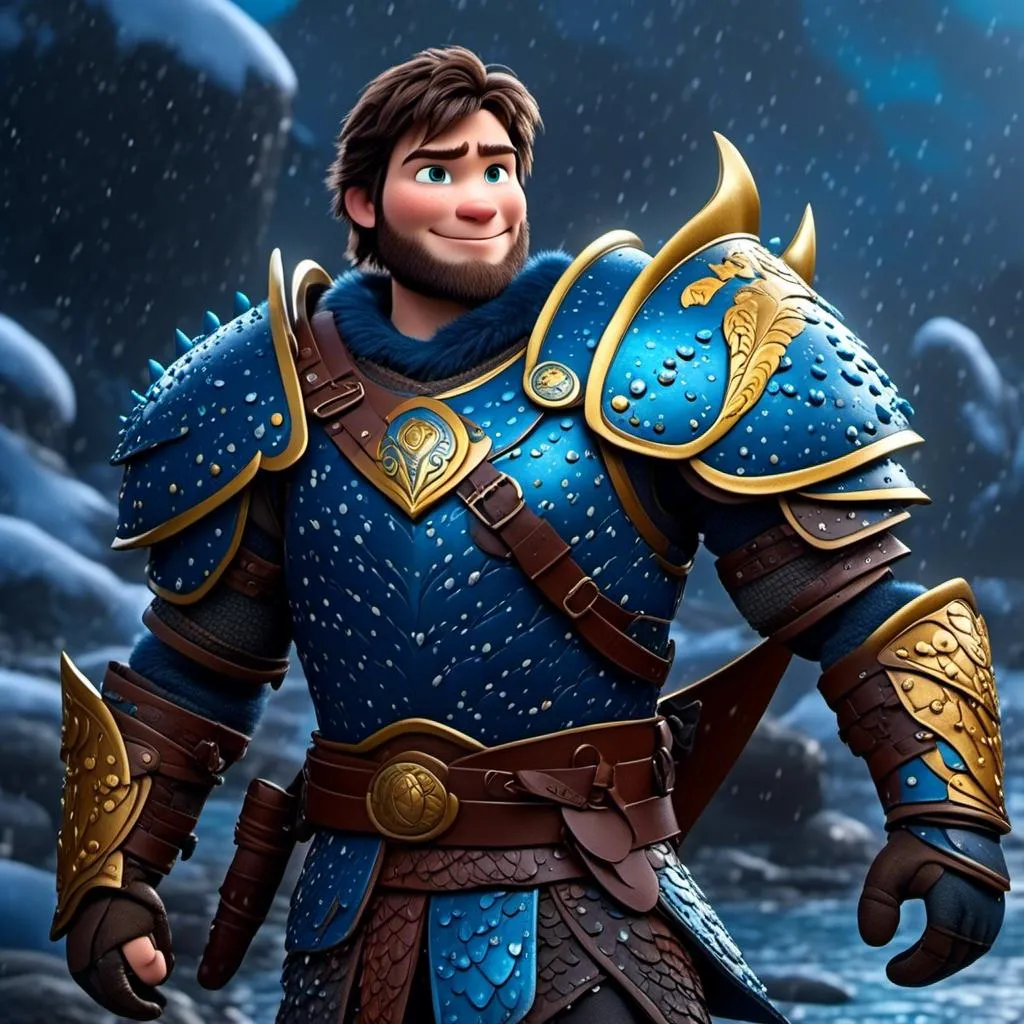 Prompt: <mymodel>CGi Animation, 20-year-old viking man with blue eyes, a rainy scene, he is standing next to a bright blue dragon with gold highlights, they are both in the rain, the viking man has a subtle smile, black hair, he has blue gear, gold armor, black pants, black boots