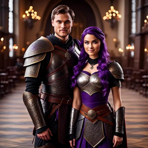 Prompt: Photo of <mymodel> standing in The Great Hall from How to Train Your Dragon with her husband Jarl Everson who is 24-years old who has brown (((short))) wavy hair