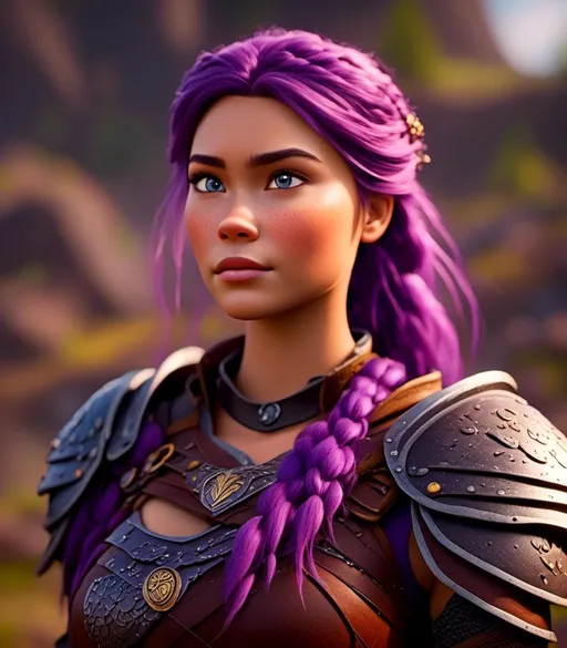 Prompt: <mymodel>CGI Animation, digital art, 20-year-old-old viking woman with light blue eyes, standing in a battle arena at the ready, purple hair with purple strands, single braid down her shoulder with a tiara, subtle smile, unreal engine 8k octane, 3d lighting, close up camera shot on the face, full armor