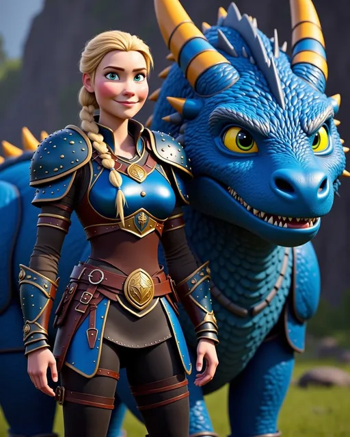 Prompt: CGi Animation, 20-year-old viking woman with blue eyes, a rainy scene, she is standing next to a bright blue dragon with gold highlights, they are both in the rain, the viking woman has a subtle smile, blonde hair in a ponytail style, she has blue gear, gold armor, black pants, black boots