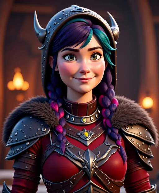 Prompt: <mymodel>CGI Animation, digital art, 20-year-old-old viking woman with violet eyes, Dark red Long sleeve shirt, skirt with dragon teeth on it, wears the snow wraith hood, ((dark dark blue hair with teal, pink and purple streaks)), standing in a viking The Great Hall, subtle smile, unreal engine 8k octane, 3d lighting, close up camera shot on the face, full armor