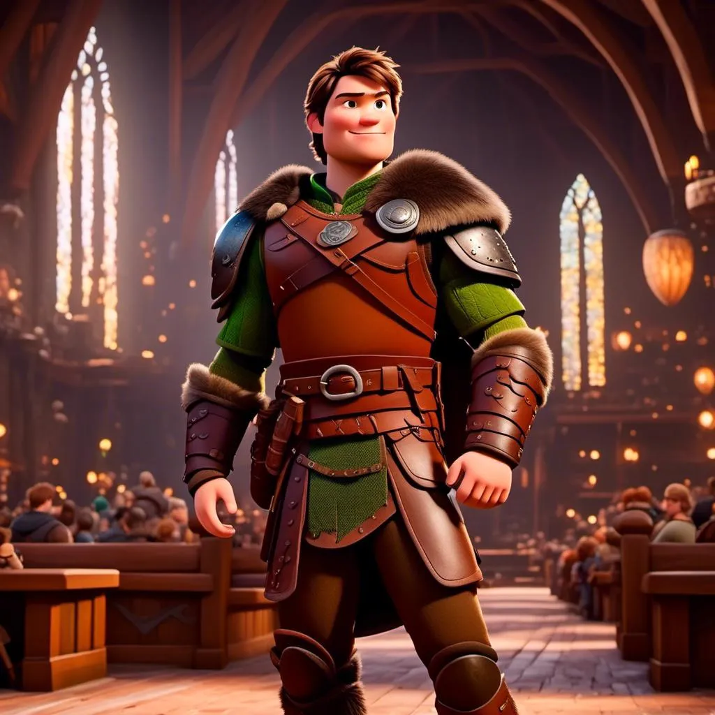 Prompt: <mymodel> viking man, lawyer, thin, small stature, standing in The Great Hall, medium length brown hair, brown eyes, no armor, European-like brown gear, brown leather vest, long sleeve green shirt underneath the brown leather vest, black highlights on his clothes, brown pants, brown boots, historical, strong and natural lighting