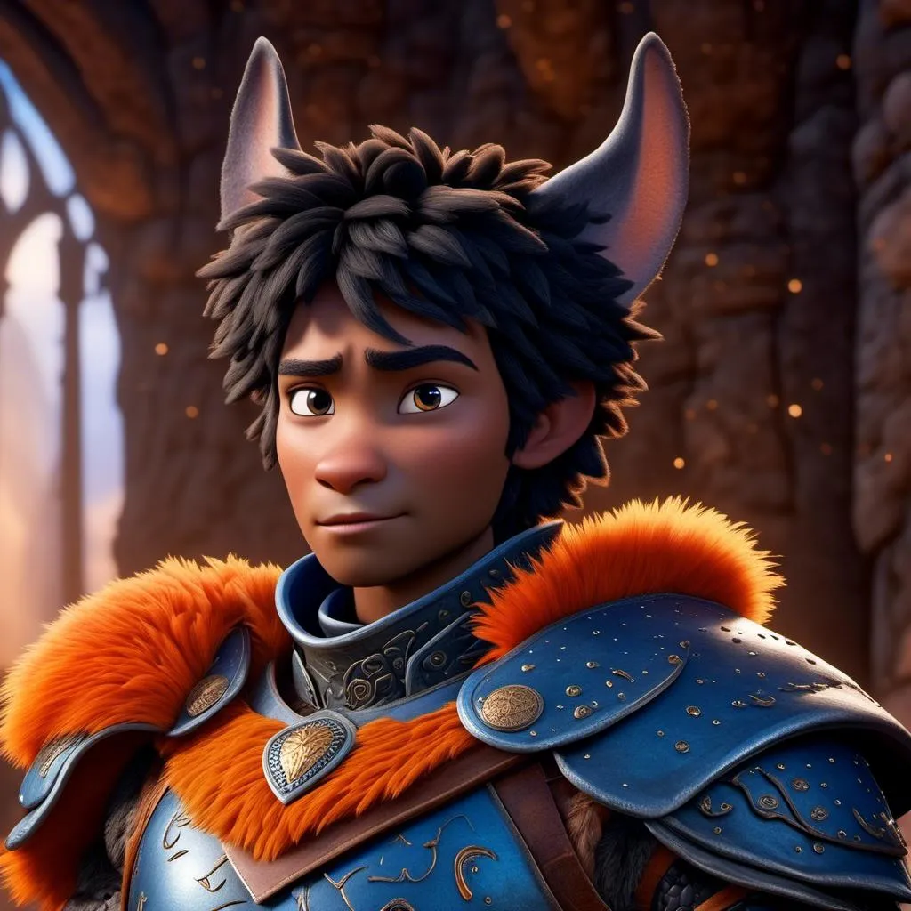 Prompt: <mymodel>Animated CGI style of a kind Viking male scholar with black hair, thoughtful gaze, realistic blue armor with bursts of orange textures, high quality, fur textures, highres, professional, intense lighting