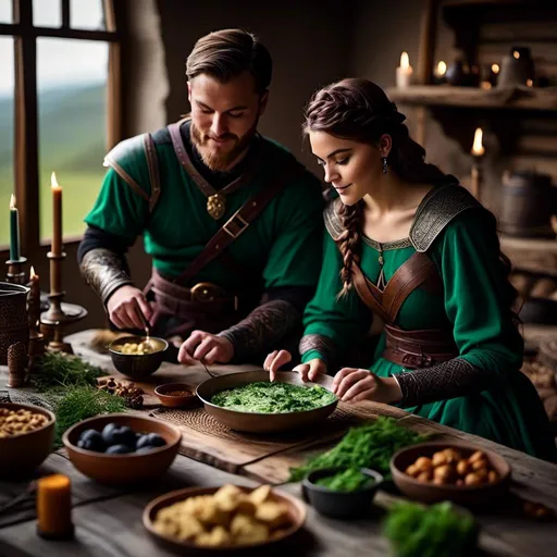 Prompt: Photo of a young <mymodel> setting the supper table with her husband a young Jarl Mollerson with green clothes short brown hair and no beard in their viking house