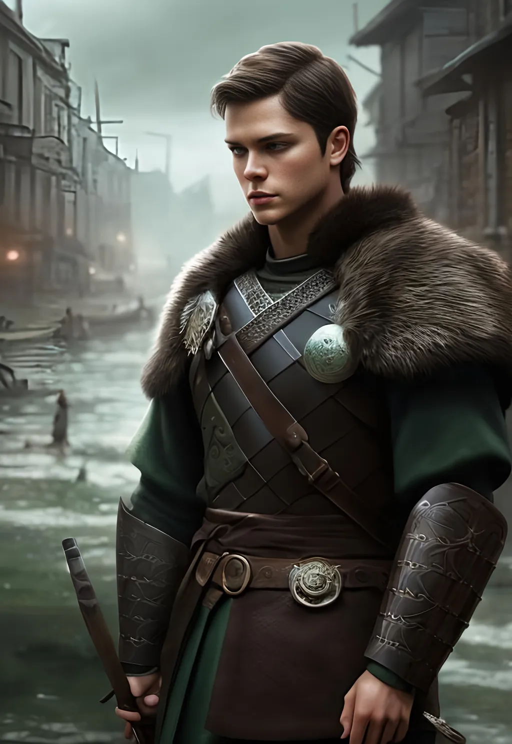 Prompt: he has short brown hair, create most handsome fictional male viking warrior, short brown hair, light green eyes, extremely detailed environment, detailed background, intricate, detailed skin, professionally color graded, photorealism, 16k, moody lighting