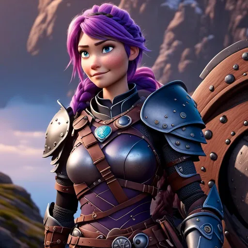 Prompt: <mymodel>CGI Animation of a viking female, purple hair in a single braid, light blue eyes, black gear and armor, intricate details, high quality, digital painting, cool tones, dramatic lighting