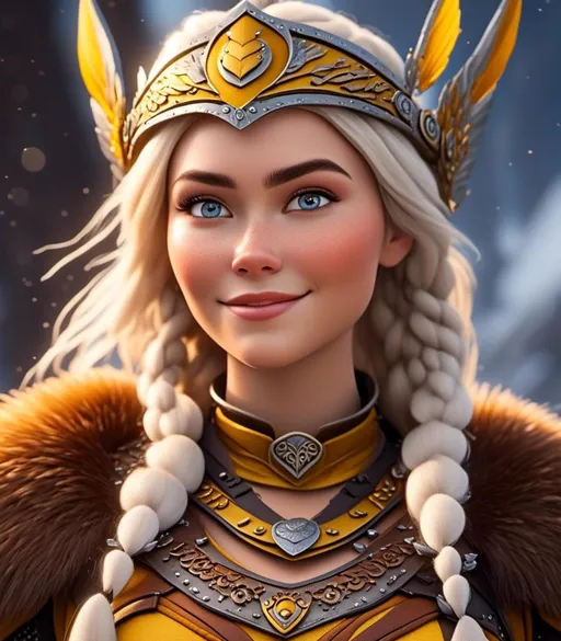 Prompt: <mymodel>CGI Animation, digital art, 20-year-old-old viking woman with light blue eyes, yellow clothes, gold colored armor, white hair, double braids down her shoulders with a tiara, subtle smile, unreal engine 8k octane, 3d lighting, close up camera shot on the face, full armor