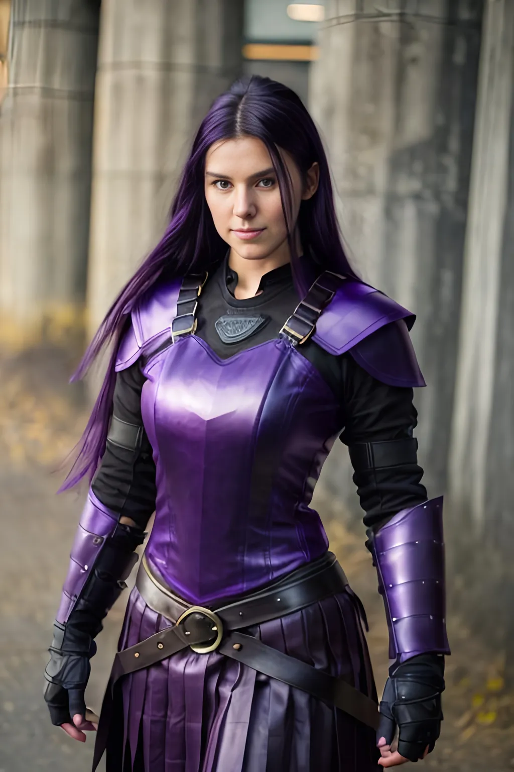 Prompt: Digital Art, 25-year-old viking woman, purple gear, purple clothes, subtle smile, black straight hair, dark purple eyes, a dark purple long-sleeve shirt, textured skirt down to knees, dark purple pants, dark purple armor, long black hair with volume, middle part in hair, leather boots, dark purple gear, unreal engine 64k octane, hdr, 3d lighting, full body, full armor