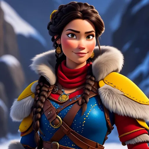 Prompt: <mymodel>CGI Animation, close-up portrait of the face, 20-year-old-old pirate viking woman sitting on a snow bank, a snowy scene, {{yellow gear, blue armor}}, black hair, an updo style of hair pulled back into straight hair, subtle smile, beads hair, small red earrings, multiple braids, yellow gear, straight hair, green eyes, bracelets, rings on fingers, mercenary gear, unreal engine 8k octane, 3d lighting, close up camera shot on the face, full armor