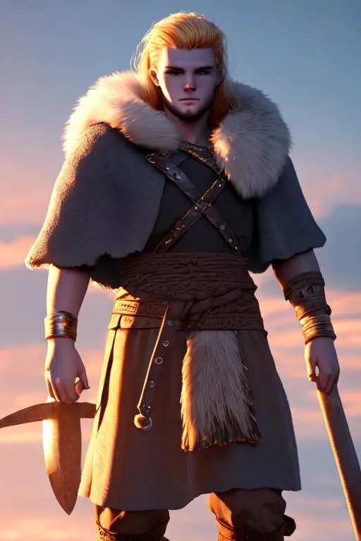 Prompt: Digital art, 22-year-old viking man, viking gear, black hair, hazel eyes, yellow viking gear, adventurer, unreal engine 8k octane, 3d lighting