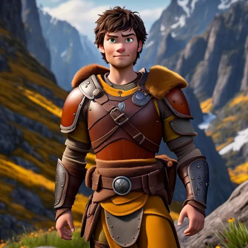 Prompt: <mymodel>Animated CGI style of a fierce 24-year-old Caucasian Viking with dark hair, light body build, intense gaze, yellow gear, orange clothes, high quality, CGI, realistic, intense gaze, viking, male, Caucasian, detailed facial features, highres, professional, intense lighting