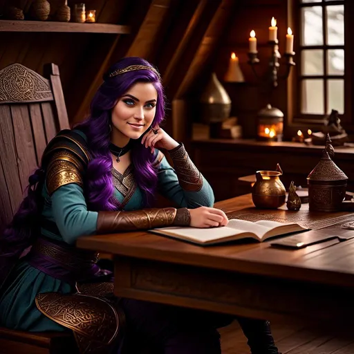 Prompt: Photo of <mymodel> casually relaxing sitting at a desk in her viking house, she has light blue eyes