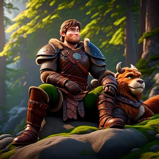 Prompt: <mymodel>Male viking warrior, thin and light muscle build, sitting on a boulder in the forest, there is a large green dragon with a flat body build standing next to the viking, viking has short brown hair, green eyes, green armor, brown gear, brown pants, brown boots, historical, strong and natural lighting, 8K octane, unreal engine