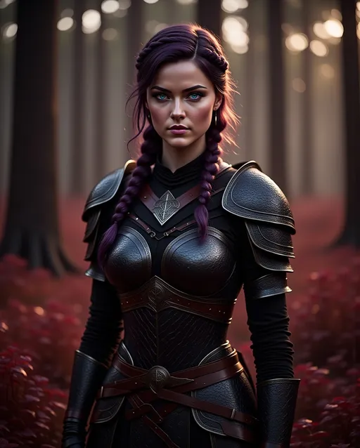 Prompt: <mymodel>25-year-old viking woman, standing in the dimly lit forest with red-leaved weeds, messy and dirty hair, single braid of hair down her shoulder, she has a mad expression, light blue eyes, dirty armor, black gear, bright black armor, black textures and highlights, with glowing lights, short focus, blurry background, unreal engine 8k octane, 3d lighting, full body, full armor