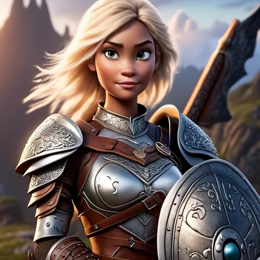 Prompt: <mymodel>Animated CGI style of a fierce Caucasian white Viking female about 25 years old, blond hair, detailed facial features, leather armor with intricate Nordic designs, battle axe and shield, intense and determined expression, dynamic and powerful pose, high definition, CGI, detailed armor, fierce female, Nordic designs, battle-ready, dynamic pose, professional lighting