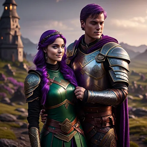 Prompt: Photo of <mymodel> standing next to her young husband Jarl Mollerson who has green gear and silver armor and ((short brown hair)), she is slightly shorter than him