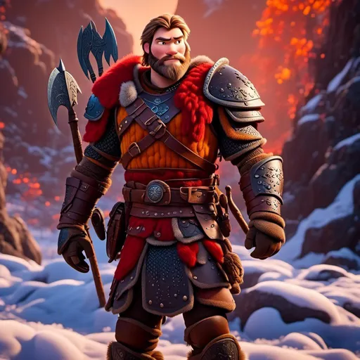 Prompt: <mymodel>Animated CGI style, male viking with a helmet, bright colored armor and gear, realistic textures, high quality, vibrant color palette, atmospheric lighting