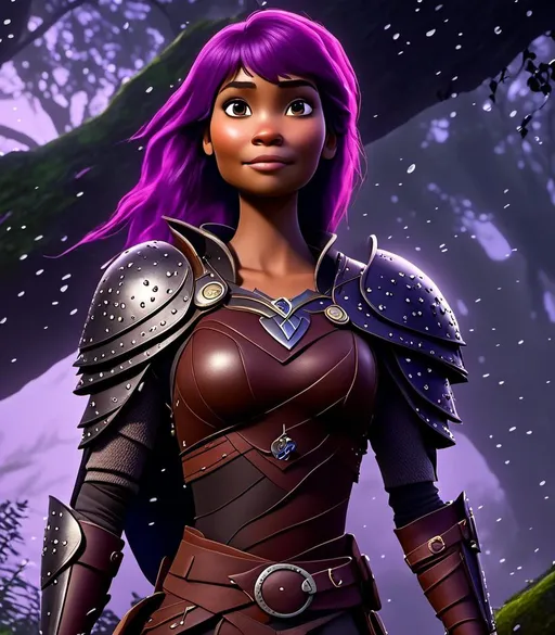 Prompt: <mymodel>CGI Animation, digital art, 20-year-old-old viking woman with light blue eyes, it is raining, she is of royalty standing at night next to a tree with her hands resting on the bark, she is in a dimly lit thick forest with trees everywhere, dense fog, {{black gear, purple armor}}, purple hair, single braid down her shoulder with a tiara, subtle smile, unreal engine 8k octane, 3d lighting, close up camera shot on the face, full armor