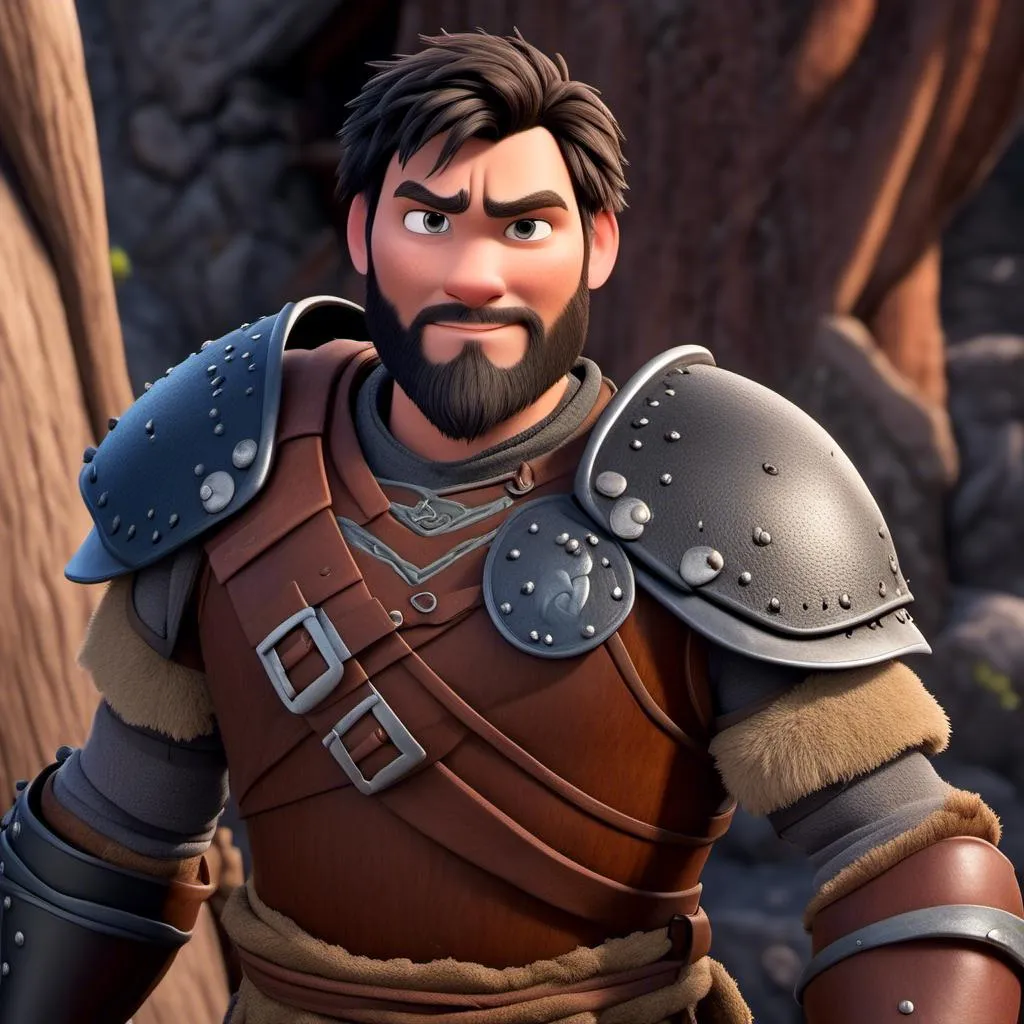 Prompt: <mymodel>Animated CGI style of a fierce ((Caucasian Viking male)) with black hair topknot with fade, intense gaze, realistic clothing textures, high quality, CGI, realistic, intense gaze, viking, male, Caucasian, detailed facial features, highres, professional, intense lighting