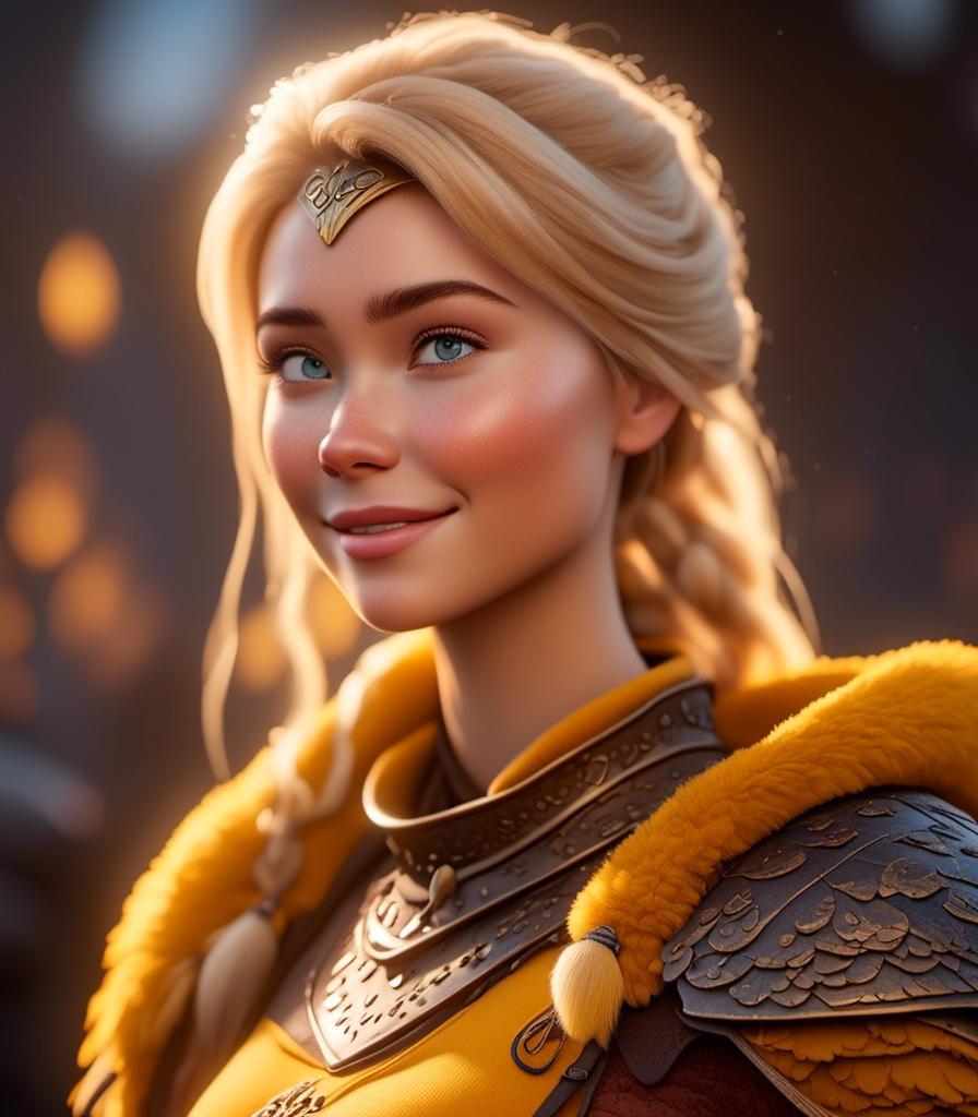 Prompt: <mymodel>CGI Animation, digital art, 20-year-old-old viking woman with light blue eyes, yellow mask over her eyes, yellow clothes, gold colored armor, blonde straight hair, subtle smile, unreal engine 8k octane, 3d lighting, close up camera shot on the face, full armor