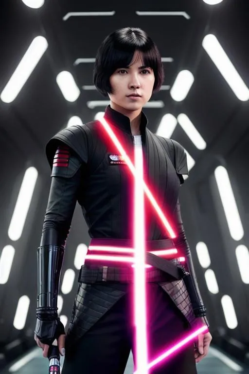 Prompt: Digital Art, A young woman Sith lord standing on an Imperial dreadnaught bridge, with black short-length hair, black pants, a subtle smile, a black short sleeve shirt, a black vest past the waist, a black belt, sleek black boots, two lightsabers one red, and one light pink, unreal engine 8k octane, full body, full gear