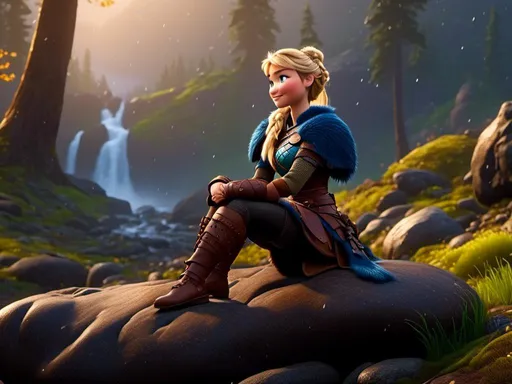 Prompt: <mymodel>CGi Animation, 20-year-old viking woman with blue eyes, ((she is wearing a tiara)), a rainy scene, she is sitting on a boulder in a forest, the viking woman has a subtle smile with it pouring down rain, blonde hair in a ponytail style, she has blue gear, gold armor, black pants, black boots