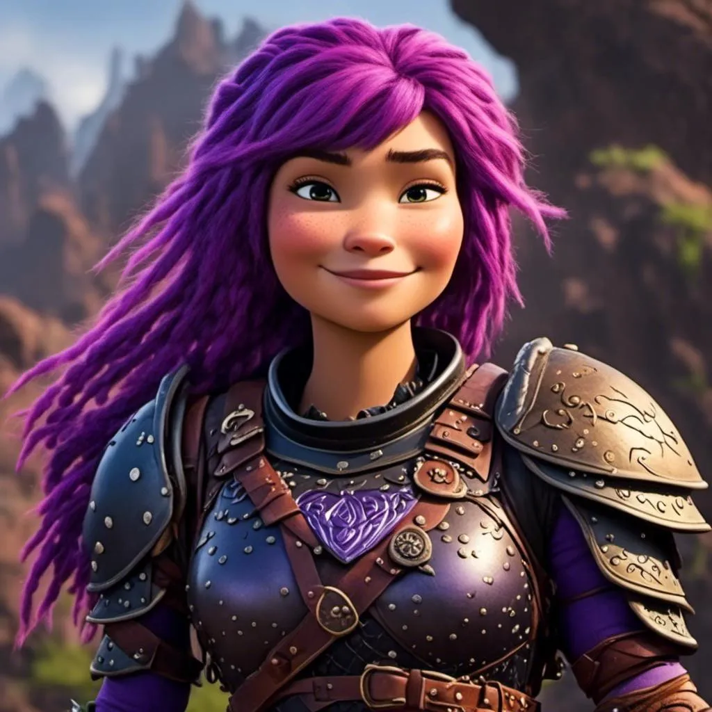 Prompt: a photo of <mymodel>, a caucasian viking female with purple hair and purple gear and armor